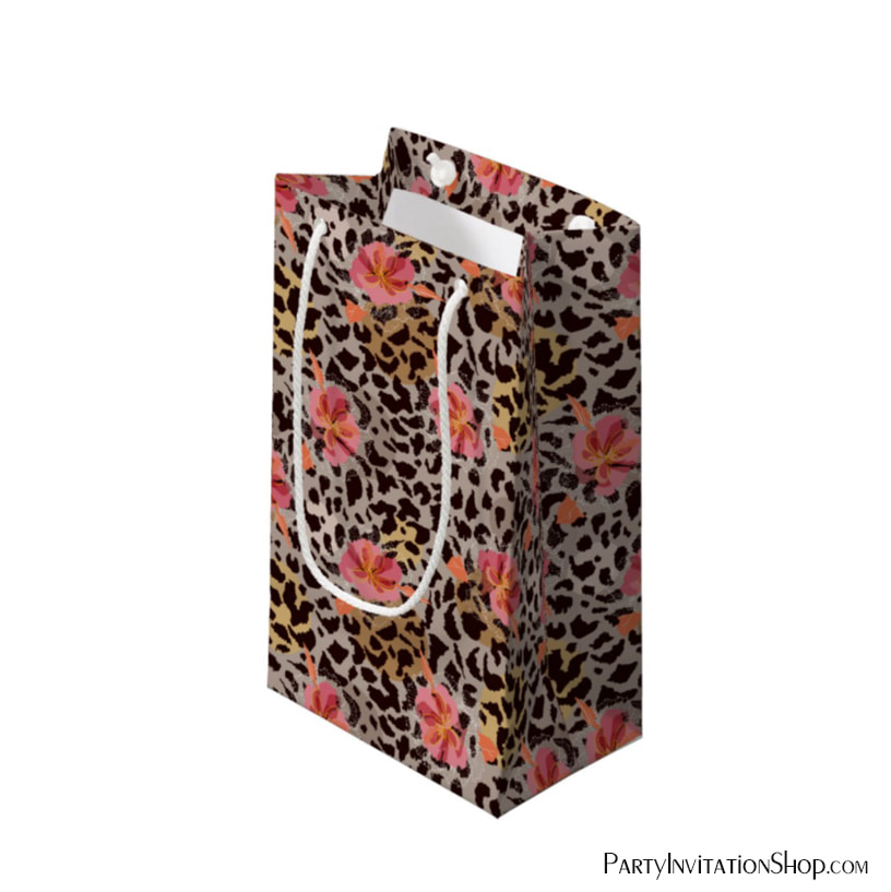 Elegant Leopard Animal Print Tropical Pink Flowers Small Gift Bags