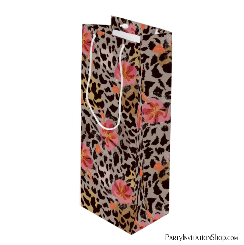 Leopard Animal Pattern Tropical Pink Flowers Wine Gift Bag