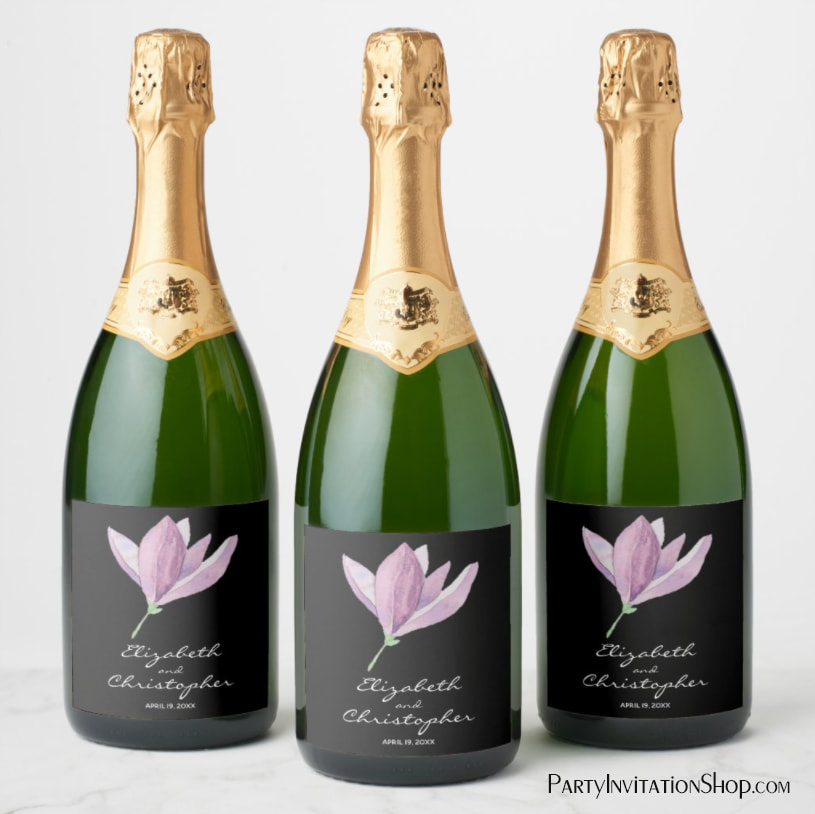 Magnolia Blossom on Black Wedding Champagne Labels