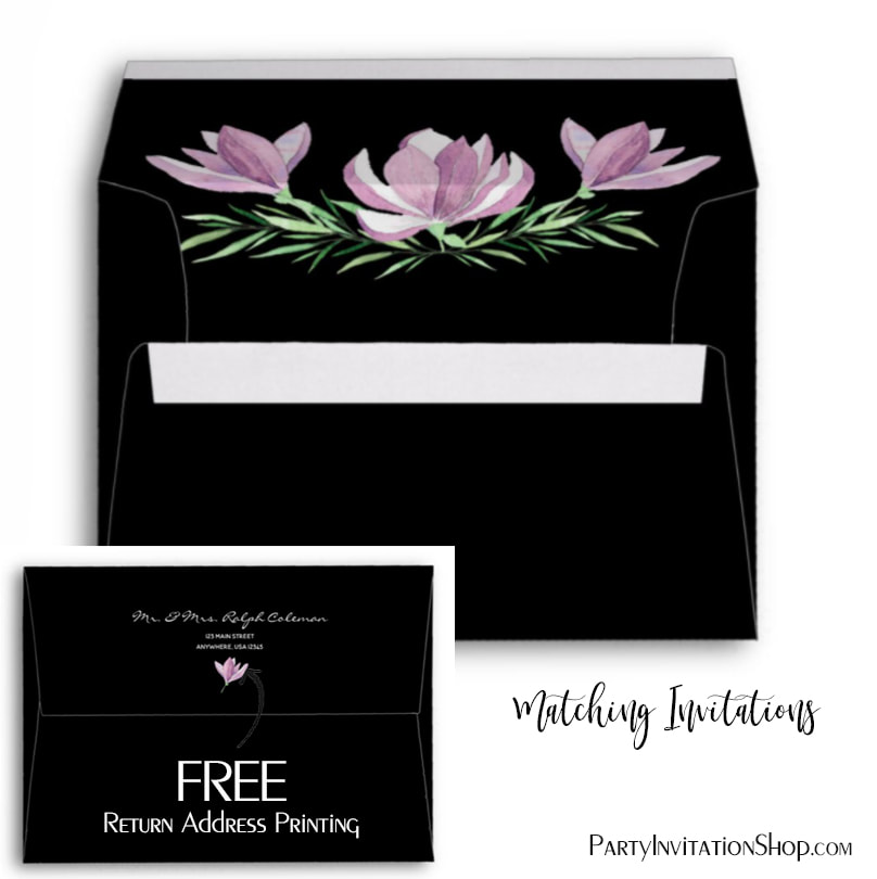 Watercolor Purple Magnolias 5x7 Black Envelopes