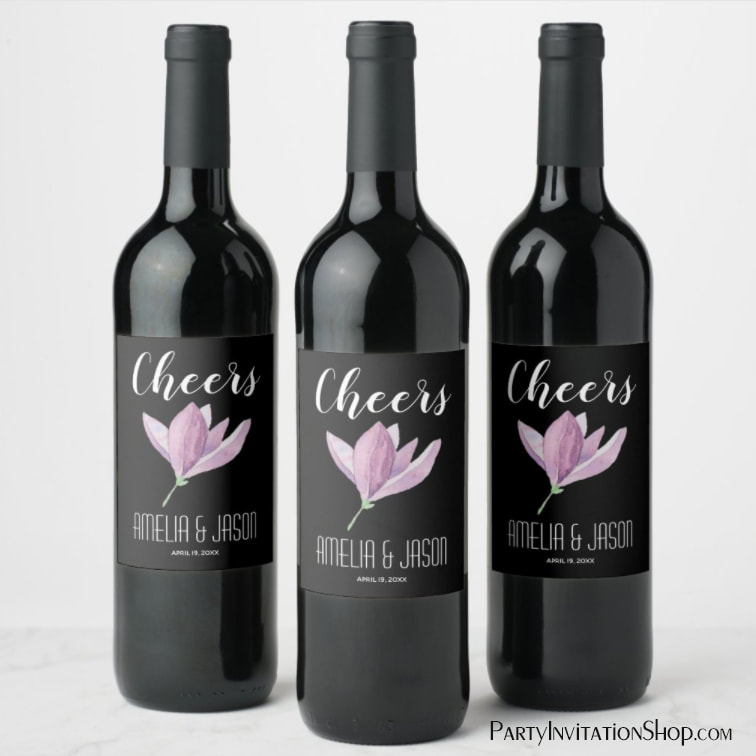 Purple Magnolia Blossom on Black Wedding Wine Labels Personalized