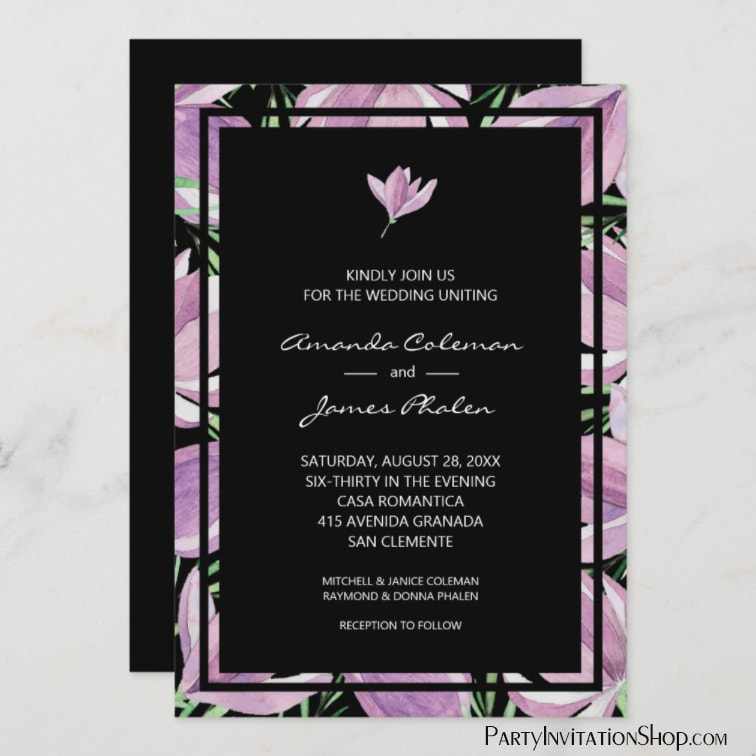 Elegant Black Purple Floral Wedding Invitations