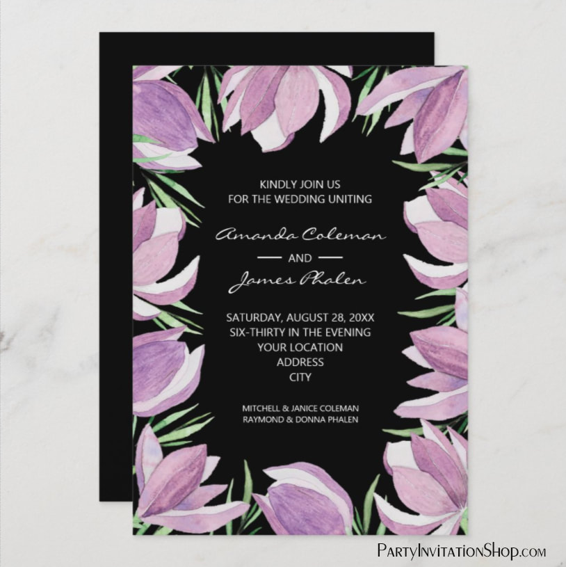 Purple Magnolia Floral Watercolor Wedding Invitations