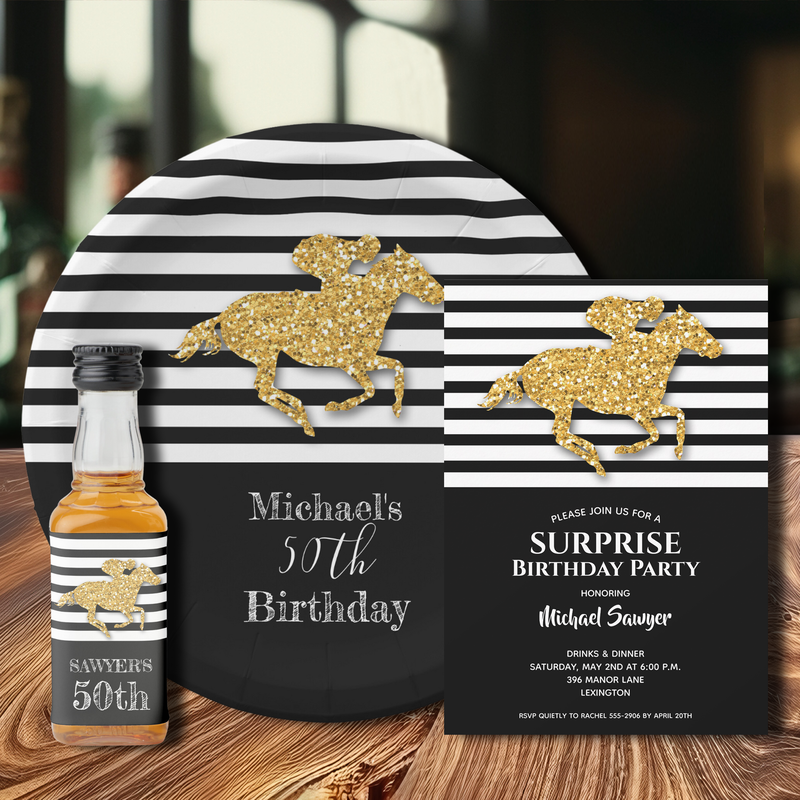 Gold Horse Black White Stripes Birthday Invitations