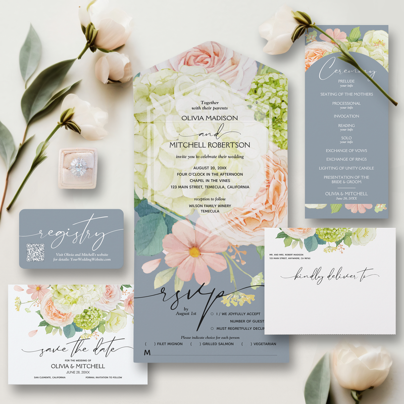 FLORAL ON DUSTY BLUE WEDDING COLLECTION
