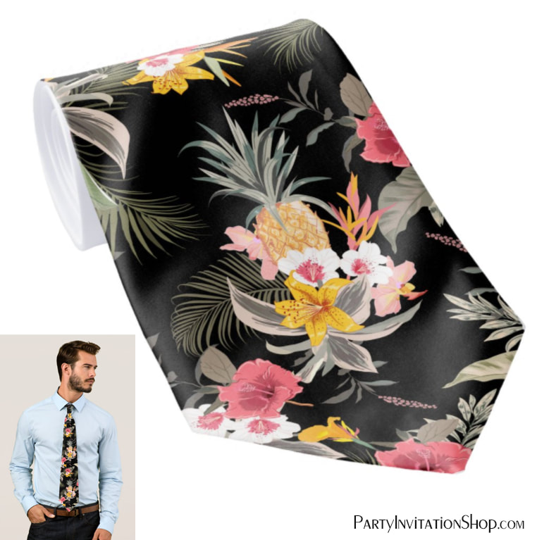 Floral Hibiscus Pineapple Hawaiian Print on Black Neck Ties