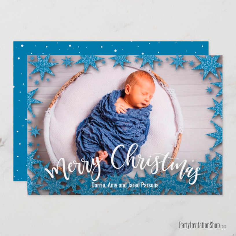 Scattered Denim Blue Stars Merry Christmas Photo Cards at PartyInvitationShop.com