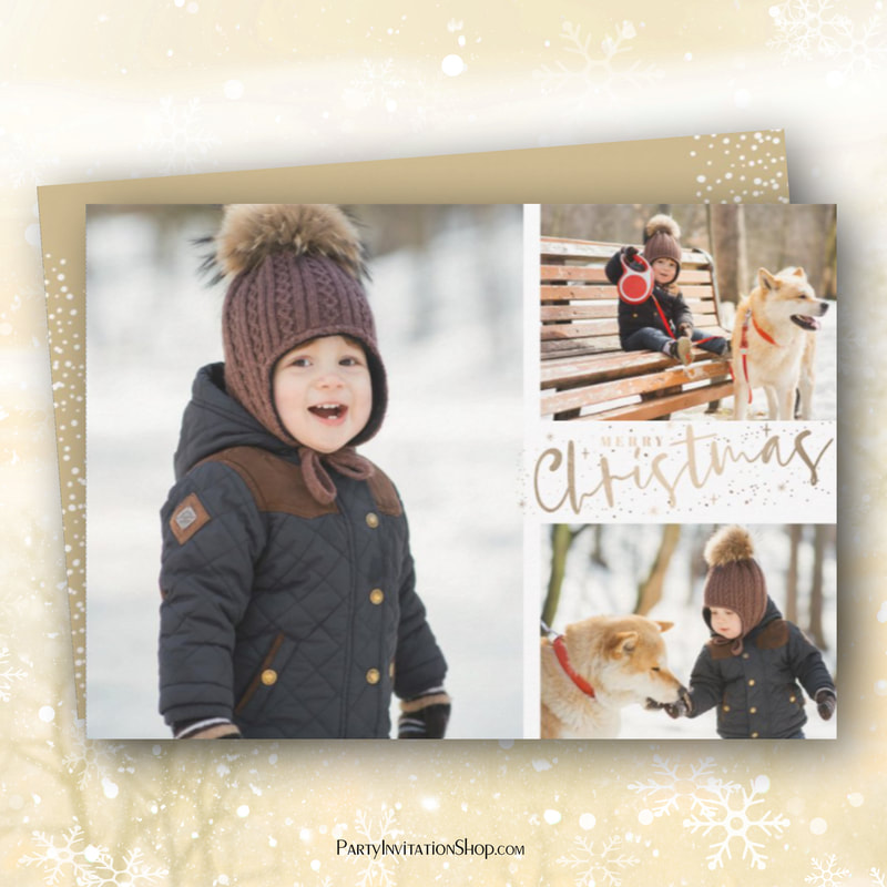 Multiple Photo Gold Merry Christmas Holiday Greeting Cards
