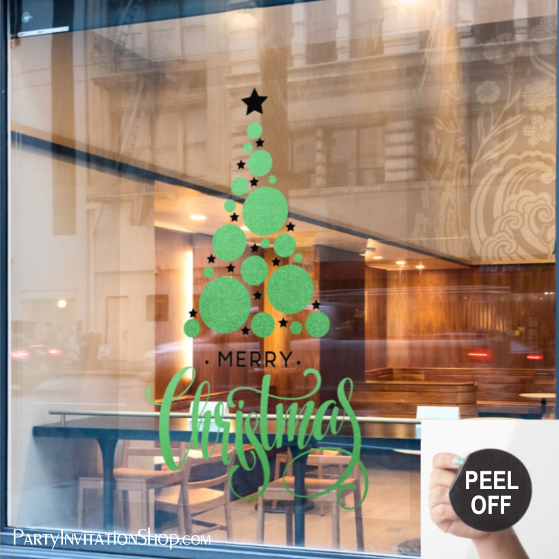 Merry Christmas Green Tree Black Stars Holiday Window Cling