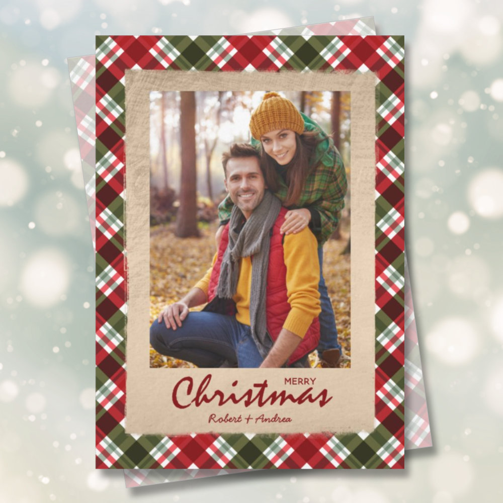 Merry Christmas on Plaid Photo Holiday Cards