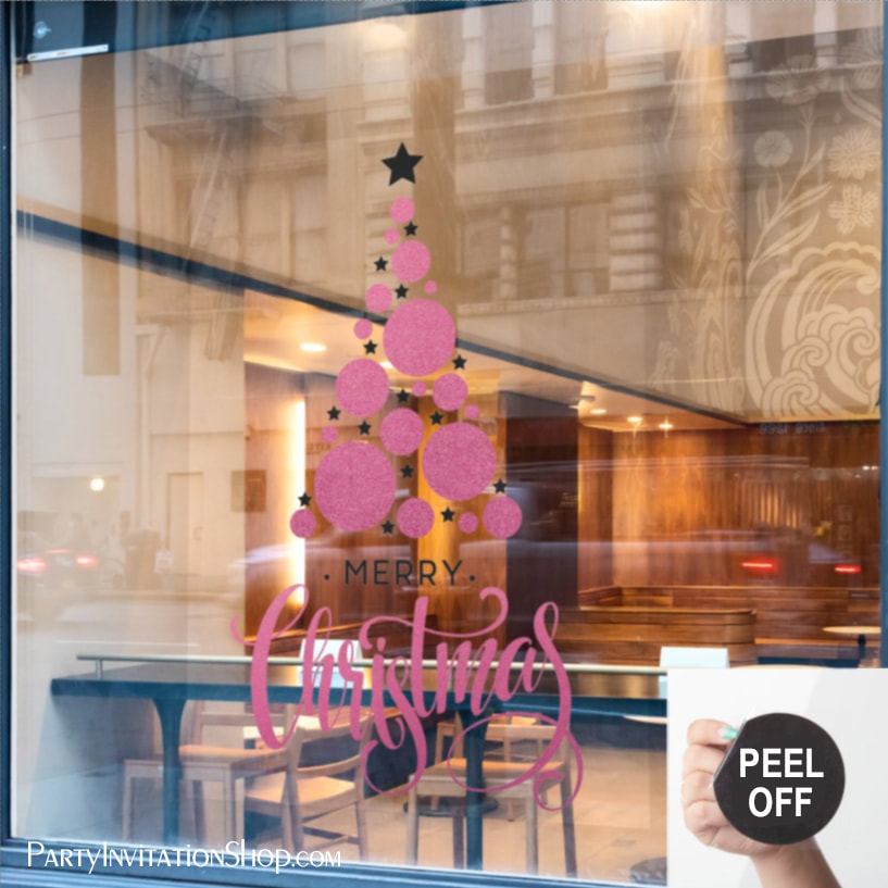 Merry Christmas Pink Tree Black Stars Holiday Window Cling
