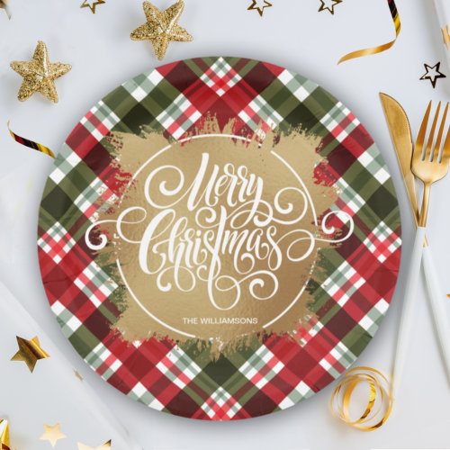 Gold Merry Christmas Plaid Paper Plates