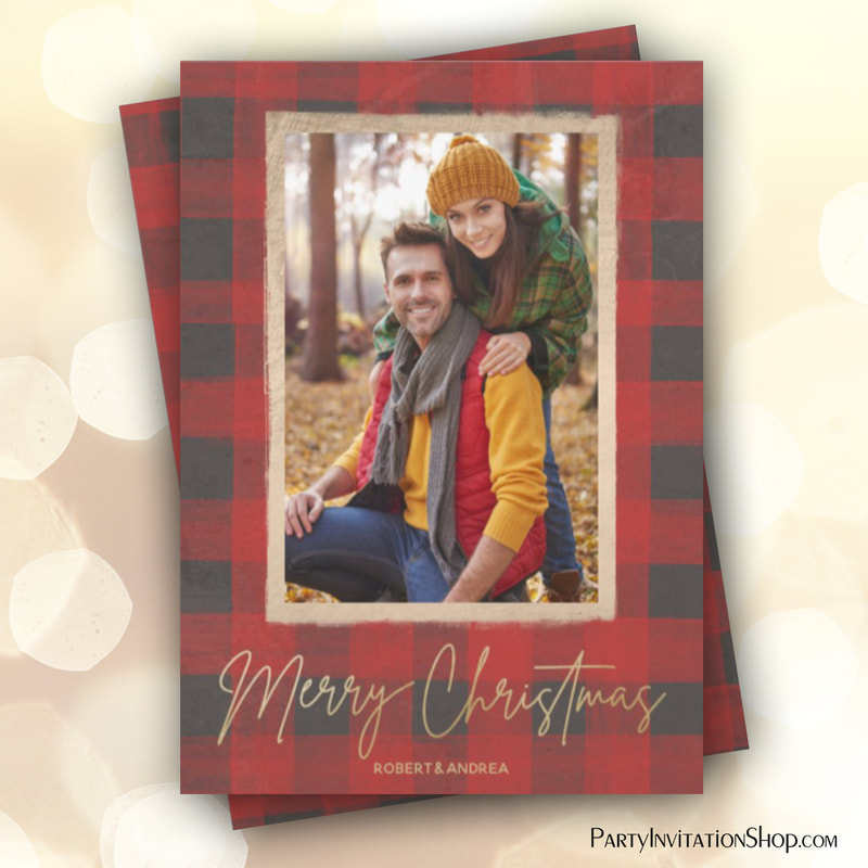 Merry Christmas Buffalo Check Photo Holiday Card