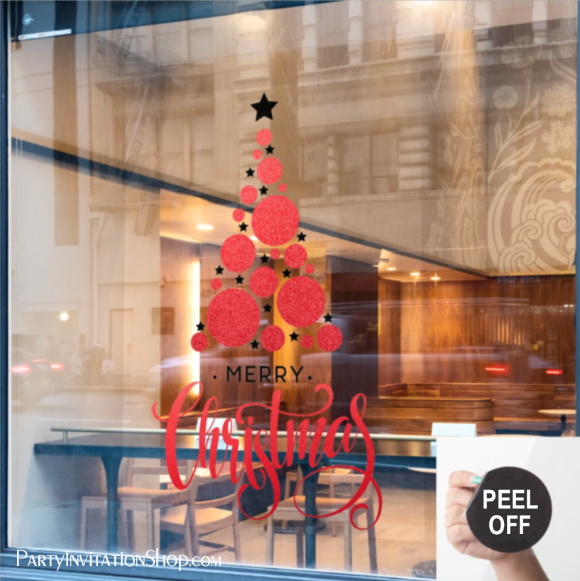 Merry Christmas Red Tree Black Stars Holiday Window Cling