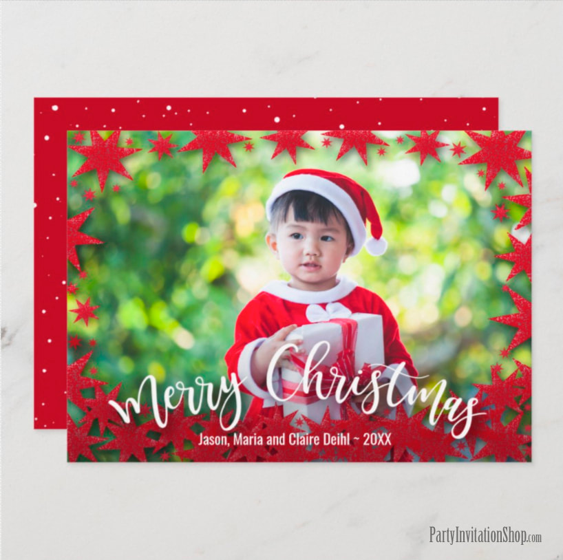Scattered Red Stars Merry Christmas Photo Cards at PartyInvitationShop.com