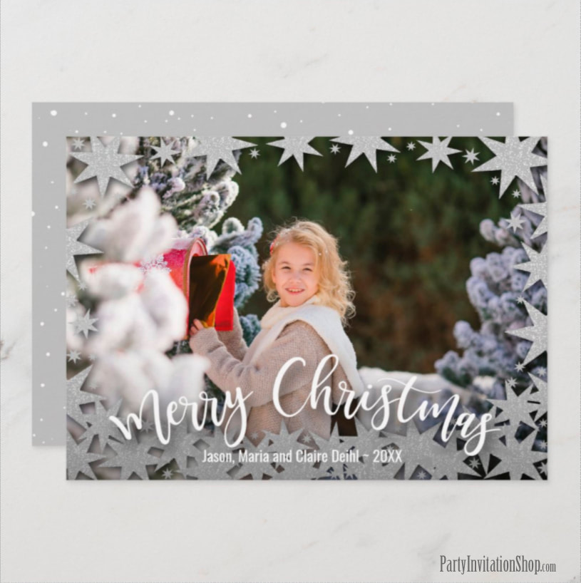 Scattered Silver Stars Merry Christmas Photo Cards at PartyInvitationShop.com