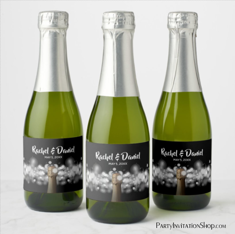 Black & White Bokeh Blurred Lights Mini Champagne Labels