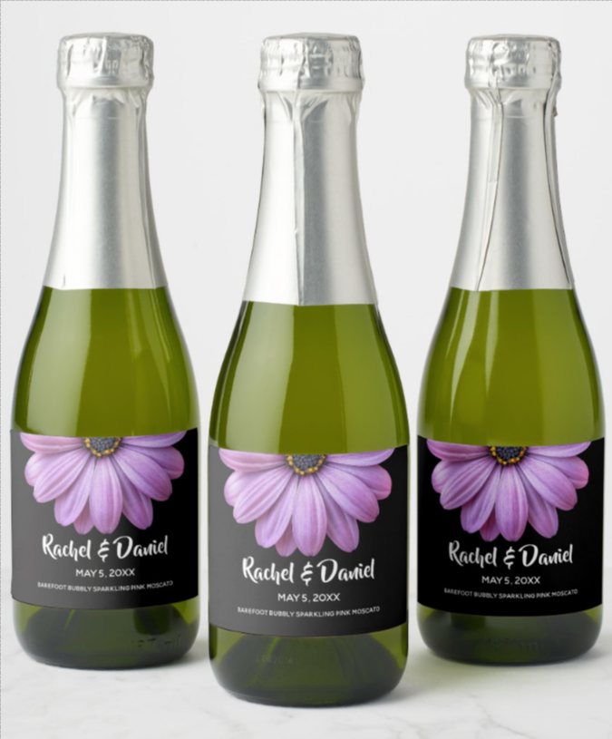 Purple Daisy mini champagne labels for birthday, bridal shower, anniversary and more PLUS coordinating invitations and party supplies. PartyInvitationShop.com