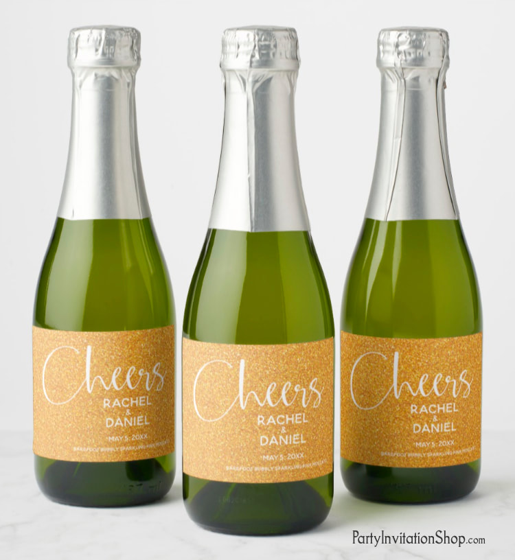 Make your own champagne split or mini wine bottle favors with these personalized labels featuring simulated GOLD GLITTER (choose from 10 glitter colors!)  Add a personalized touch to your birthday party favors, new year's eve, bachelorette party or bridal shower. All text and fonts can be modified. MATCHING invitations & more! Shop PartyInvitationShop.com