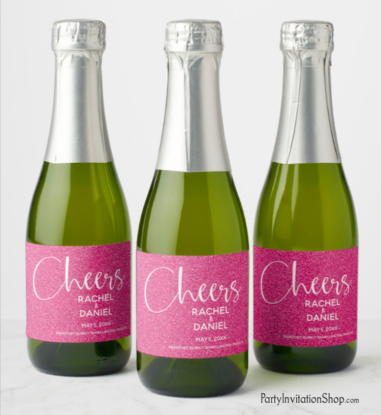 Make your own champagne split or mini wine bottle favors with these personalized labels featuring simulated HOT PINK GLITTER (choose from 10 glitter colors!)  Add a personalized touch to your birthday party favors, new year's eve, bachelorette party or bridal shower. All text and fonts can be modified. MATCHING invitations & more! Shop PartyInvitationShop.com