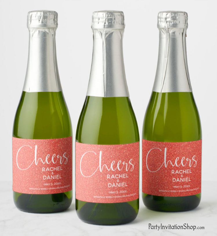 Make your own champagne split or mini wine bottle favors with these personalized labels featuring simulated ORANGE GLITTER (choose from 10 glitter colors!)  Add a personalized touch to your birthday party favors, new year's eve, bachelorette party or bridal shower. All text and fonts can be modified. MATCHING invitations & more! Shop PartyInvitationShop.com