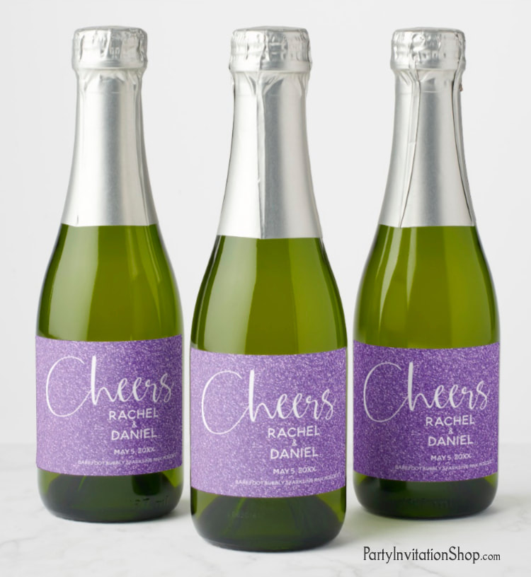 Make your own champagne split or mini wine bottle favors with these personalized labels featuring simulated PURPLE GLITTER (choose from 10 glitter colors!)  Add a personalized touch to your birthday party favors, new year's eve, bachelorette party or bridal shower. All text and fonts can be modified. MATCHING invitations & more! Shop PartyInvitationShop.com