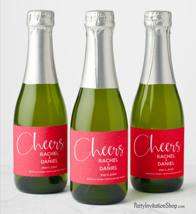Make your own champagne split or mini wine bottle favors with these personalized labels featuring simulated RED GLITTER (choose from 10 glitter colors!)  Add a personalized touch to your birthday party favors, new year's eve, bachelorette party or bridal shower. All text and fonts can be modified. MATCHING invitations & more! Shop PartyInvitationShop.com