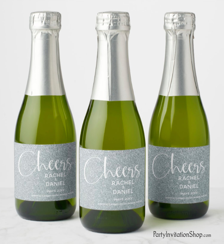 Make your own champagne split or mini wine bottle favors with these personalized labels featuring simulated SILVER GLITTER (choose from 10 glitter colors!)  Add a personalized touch to your birthday party favors, new year's eve, bachelorette party or bridal shower. All text and fonts can be modified. MATCHING invitations & more! Shop PartyInvitationShop.com