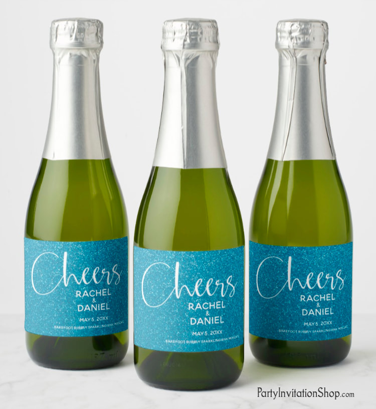 Make your own champagne split or mini wine bottle favors with these personalized labels featuring simulated TURQUOISE GLITTER (choose from 10 glitter colors!)  Add a personalized touch to your birthday party favors, new year's eve, bachelorette party or bridal shower. All text and fonts can be modified. MATCHING invitations & more! Shop PartyInvitationShop.com