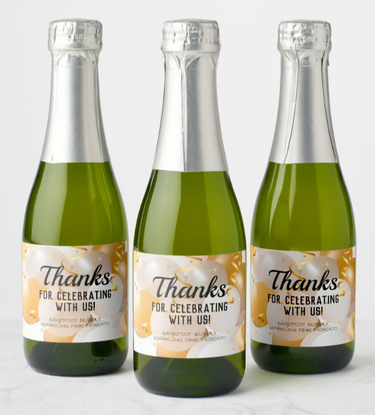 Make your own champagne split or mini wine bottle favors with these personalized labels featuring gold and white balloons.  Add a personalized touch to your birthday party favors, new year's eve, bachelorette party or bridal shower. All text and fonts can be modified. MATCHING invitations & more! Shop PartyInvitationShop.com
