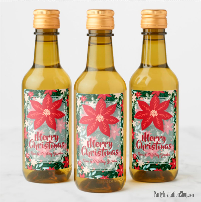 Personalized Mini Wine Bottle Labels - Poinsettia Christmas Holiday Design at PartyInvitationShop.com