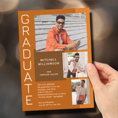 Modern 3 Photo Burnt Orange Graduation Invitations