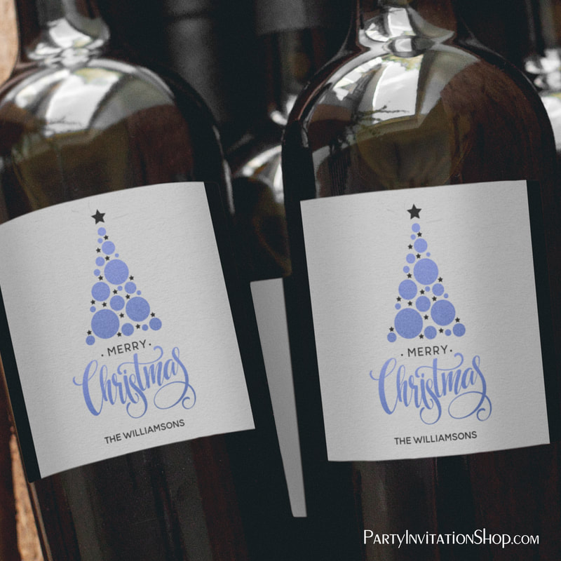 Modern Blue Christmas Tree Holiday Wine Labels