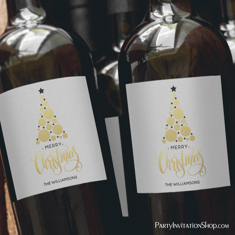 Modern Gold Christmas Tree Holiday Wine Labels