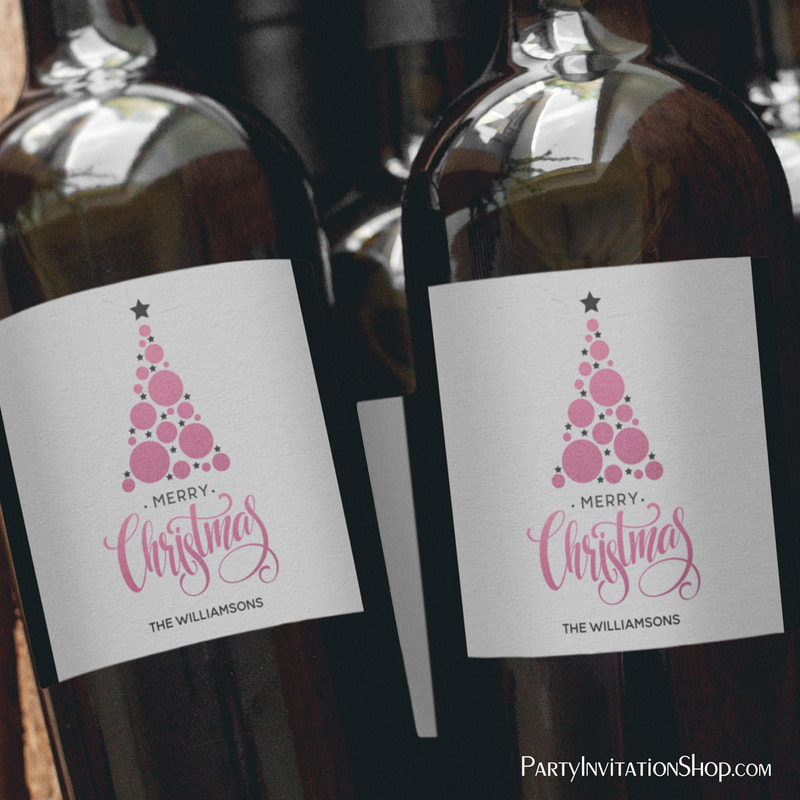 Modern Pink Christmas Tree Holiday Wine Labels