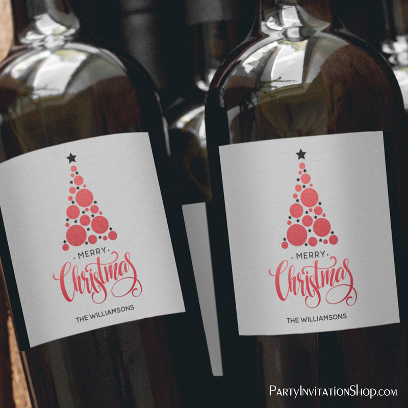 Modern Red Christmas Tree Wine Labels