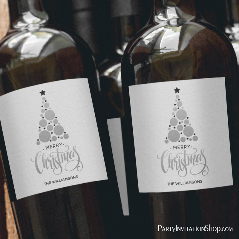 Modern Silver Christmas Tree Holiday Wine Labels