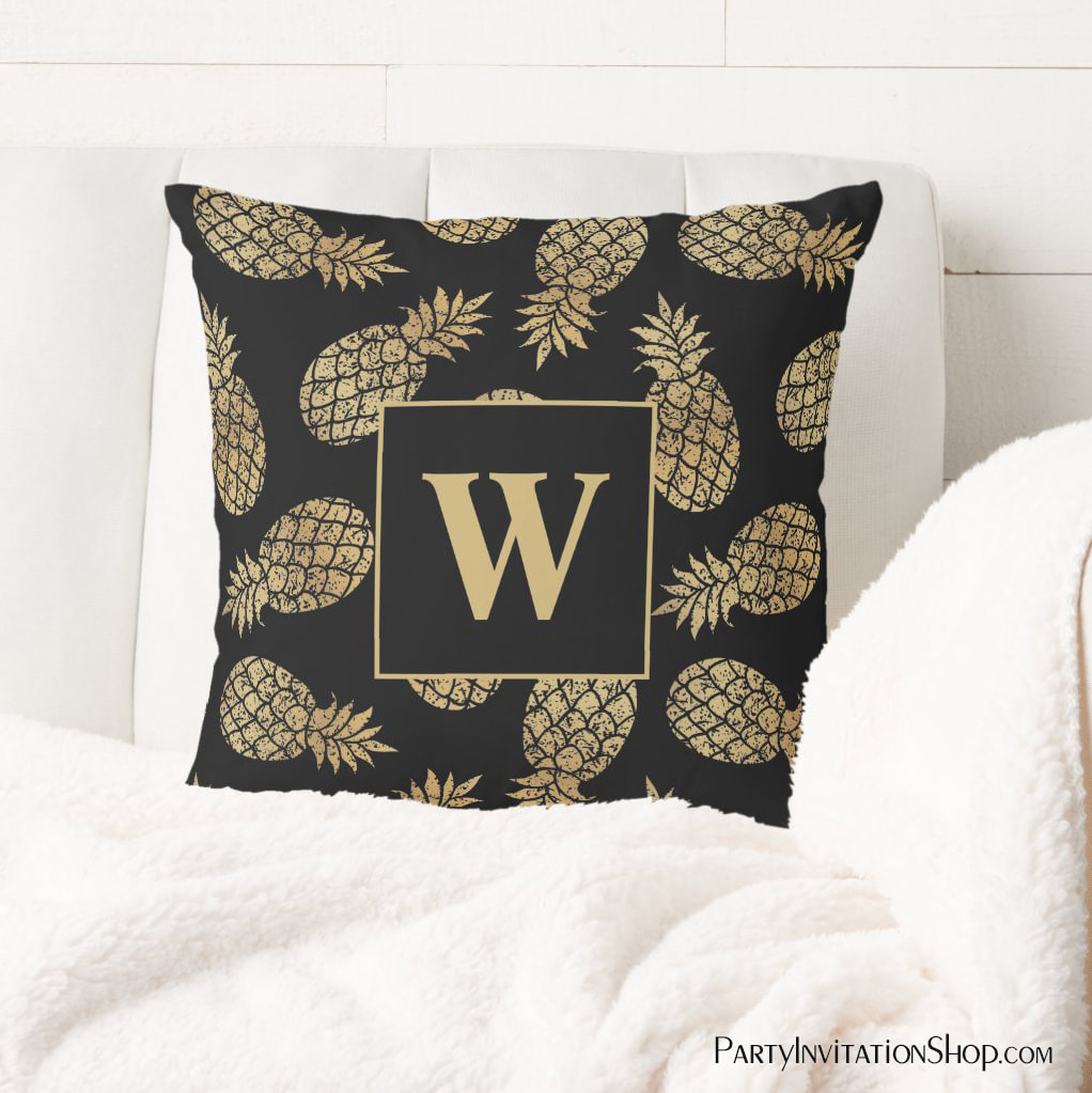 Monogram Gold Pineapples on Black Throw Pillow
