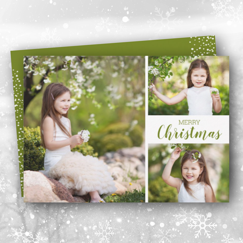 Multiple Photo Green Merry Christmas Holiday Greeting Cards
