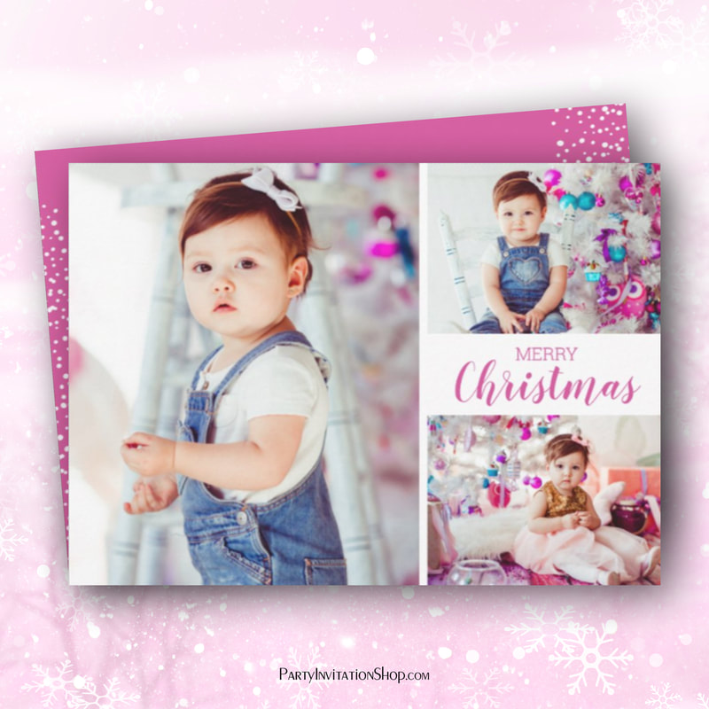 Multiple Photo Pink Merry Christmas Holiday Greeting Cards