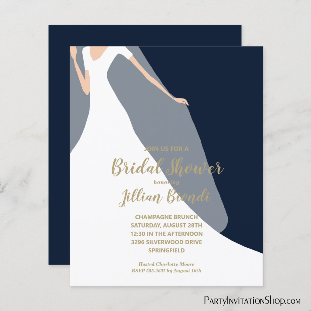 Navy Blue Affordable Budget Bridal Shower Invitations Dress and Veil