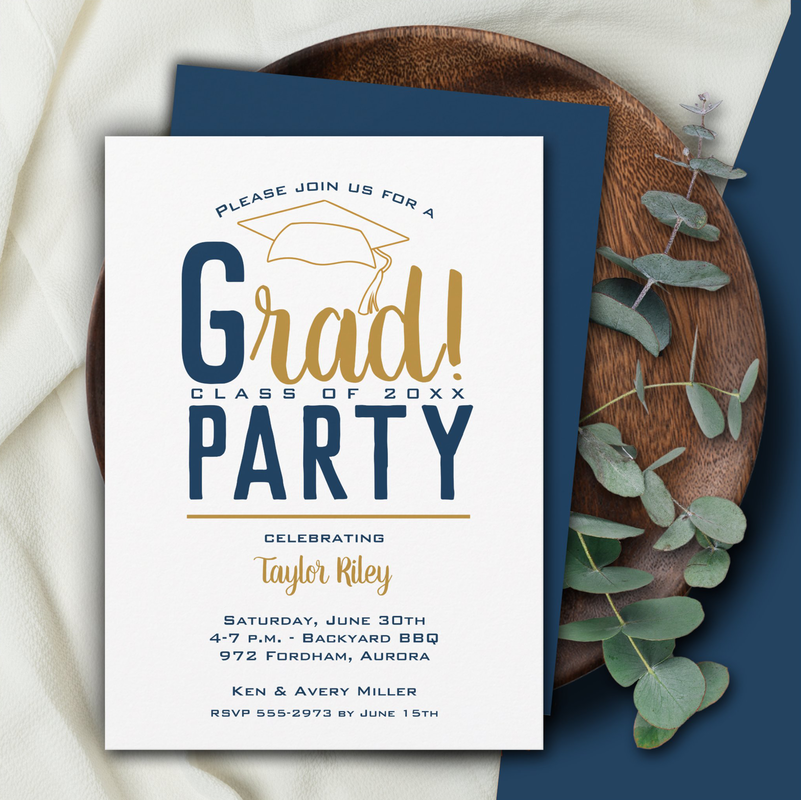 Navy Blue & Gold Graduation Party Invitation
