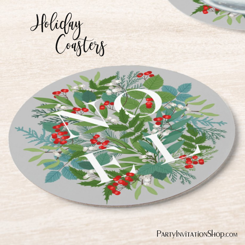 NOEL Berries and Greenery Christmas Round Paper Coasters