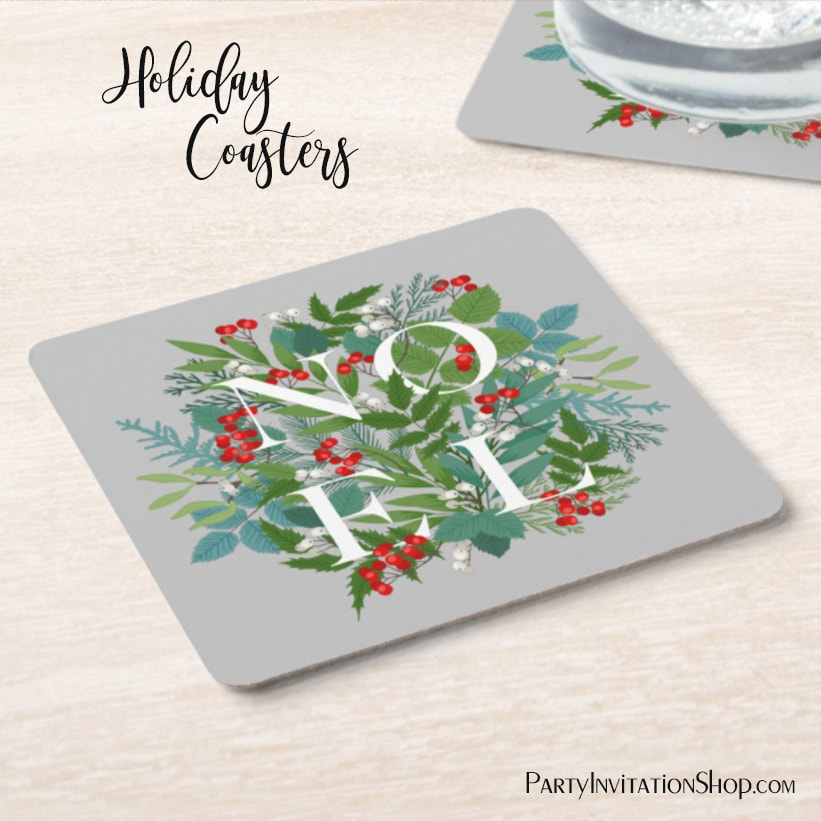 NOEL Berries and Greenery Christmas Square Paper Coasters