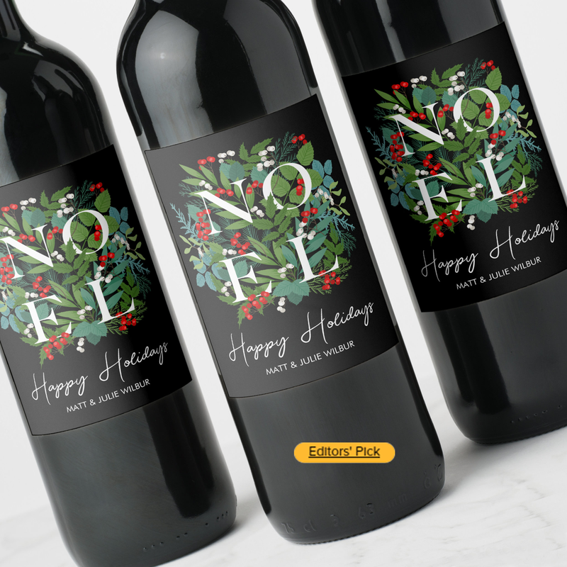 NOEL Greenery Berries Happy Holidays Wine Bottle Labels