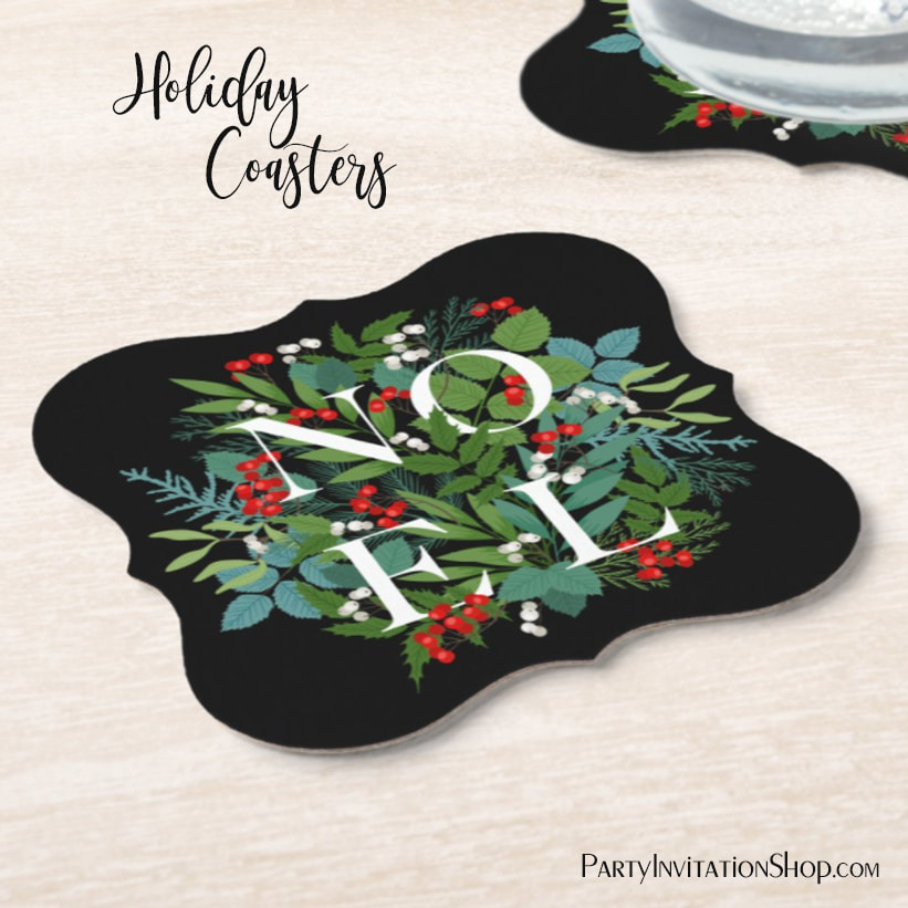 NOEL Greenery Holiday Black Paper Coasters