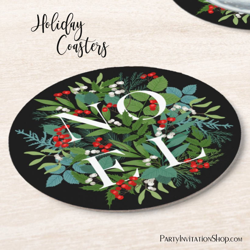 NOEL Berries Greenery Black Holiday Round Paper Coasters