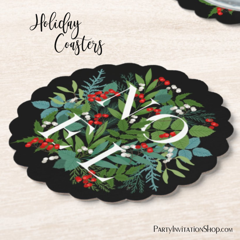 NOEL Winter Greenery Holiday Black Paper Coasters