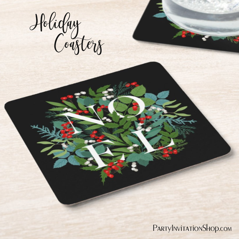NOEL Berries Greenery Holiday Black Square Paper Coasters