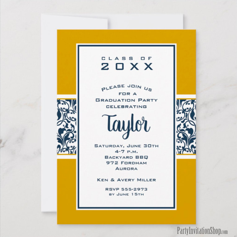 Notre Dame Blue and Gold Damask Graduation Party Invitations Announcements at PartyInvitationShop.com